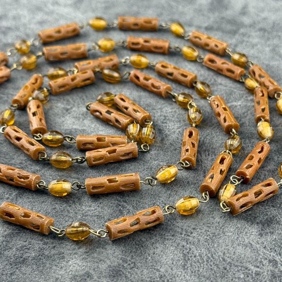 Carved Celluloid Brown Beads Necklace Faux Wood Early Plastic Art Deco VTG 26" - Picture 1 of 12